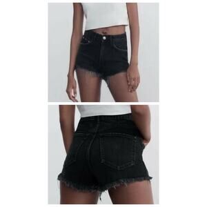 Zara Hi-Rise Distressed Frayed Hem Cut-Off Denim Shorts Black Size 4